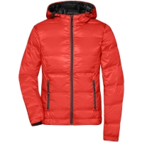 Ladies' Hooded Down Jacket - Flame/black