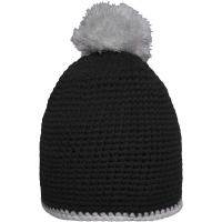 Pompon Hat with Contrast Stripe - Black/light grey