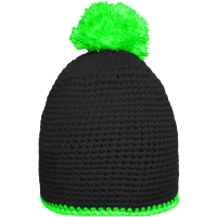 Pompon Hat with Contrast Stripe - Black/neon green