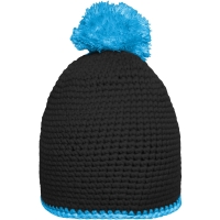 Pompon Hat with Contrast Stripe - Black/turquoise