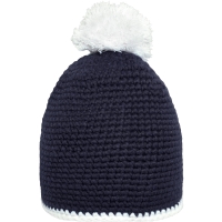 Pompon Hat with Contrast Stripe - Navy/white