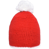 Pompon Hat with Contrast Stripe - Red/white